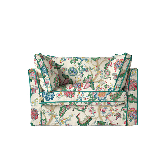 Coco Loveseat with Box Edge cushion in Kitty Spring Green with Lagoon Velvet Trim - Made to order