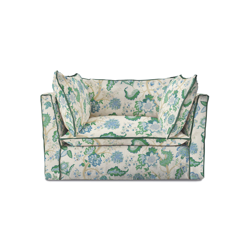 Coco Loveseat with Knife Edge cushion in Kitty Blue Green with Parakeet Velvet Trim - Made to order