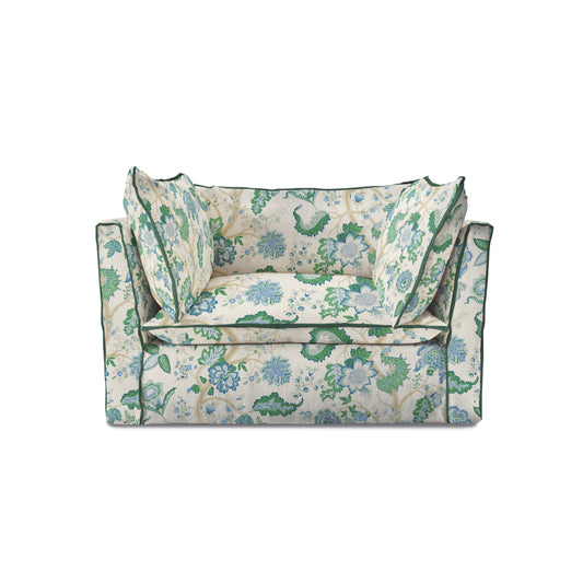 Coco Loveseat with Knife Edge cushion in Kitty Blue Green with Parakeet Velvet Trim - Made to order