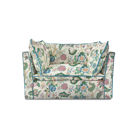 Coco Loveseat with Knife Edge cushion in Kitty Spring Green with Lagoon Velvet Trim - Made to order