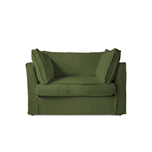 Coco Loveseat with Self Piped Box Edge cushion in Cotton Linen Evergreen - Made to Order
