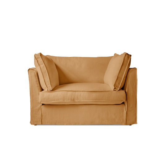 Coco Loveseat with Self Piped Box Edge cushion in Cotton Linen Sunflower - Made to Order