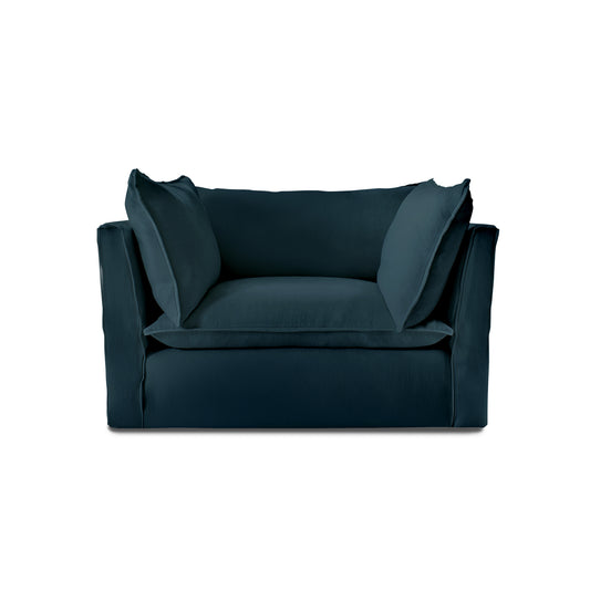 Coco Loveseat with Knife Edge Cushion in Indigo Linen - Made to Order