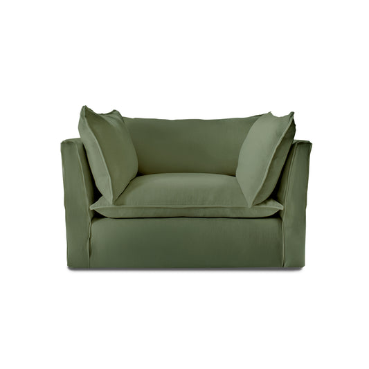 Coco Loveseat with Knife Edge Cushion in Moss Linen - Made to Order