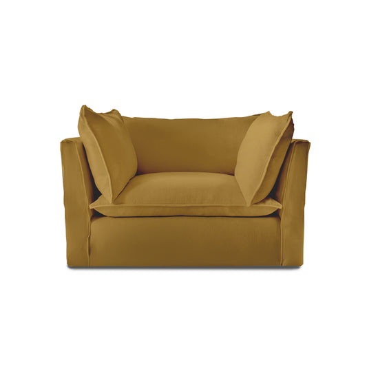 Coco Loveseat with Knife Edge Cushion in Ochre Linen - Made to Order