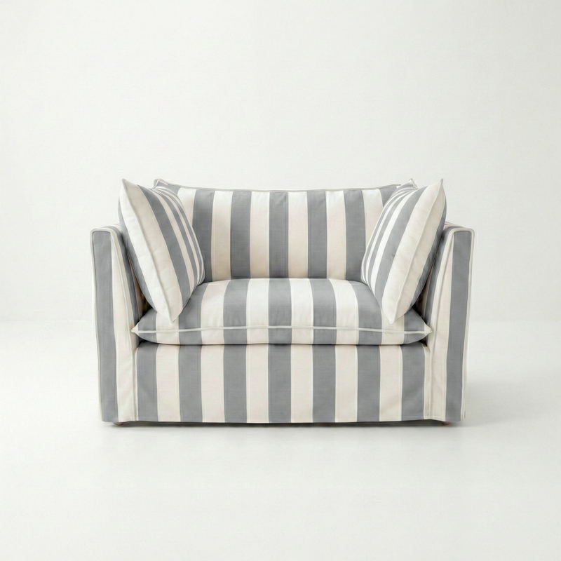 Coco Loveseat with Self Piped Knife Edge cushion in Stripes Garden Grey - Made to order