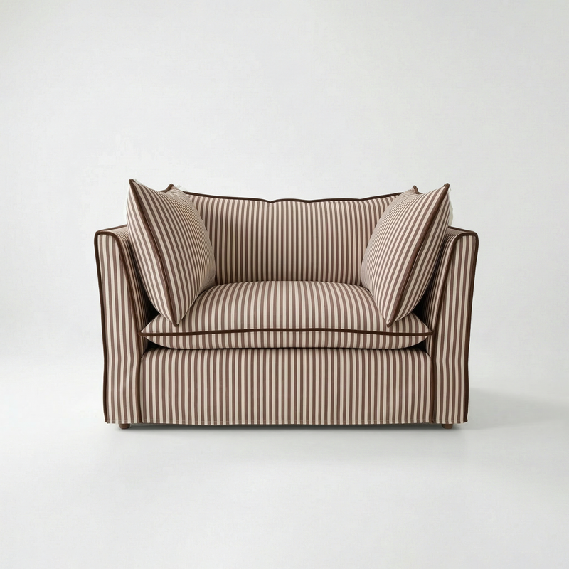 Coco Loveseat with Self Piped Knife Edge cushion in Narrow Chocolate Stripes - Made to order