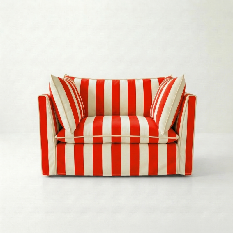 Coco Loveseat with Self Piped Knife Edge cushion in Stripes Petunia - Made to order