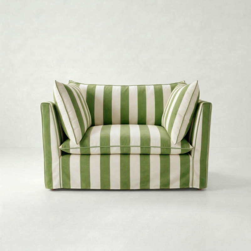 Coco Loveseat with Self Piped Knife Edge cushion in Spring Green Stripes - Made to order