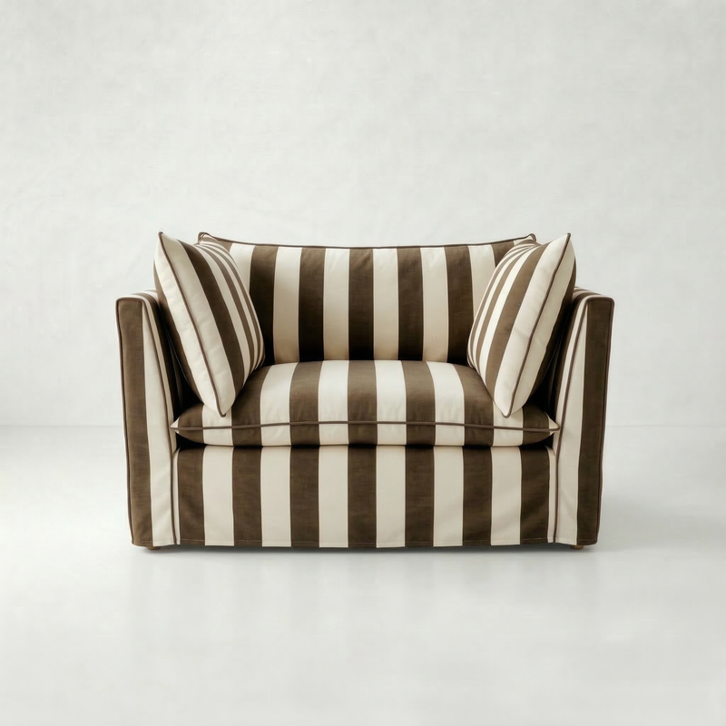 Coco Loveseat with Self Piped Knife Edge cushion in Chocolate Stripes - Made to order