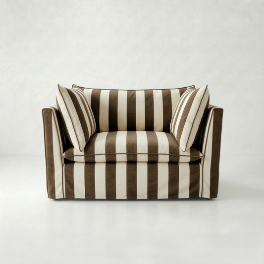 Coco Loveseat with Self Piped Knife Edge cushion in Chocolate Stripes - Made to order
