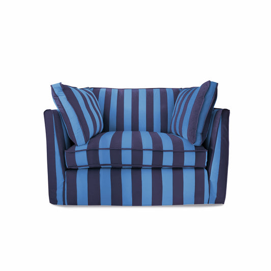 Coco Loveseat with Self Piped Box Edge cushion in Coastal Blue Stripes - Made to order