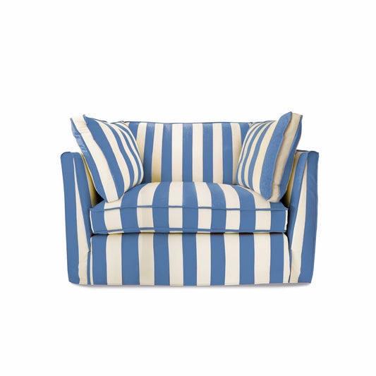 Coco Loveseat with Self Piped Box Edge cushion in Cornish Blue Stripes - Made to order