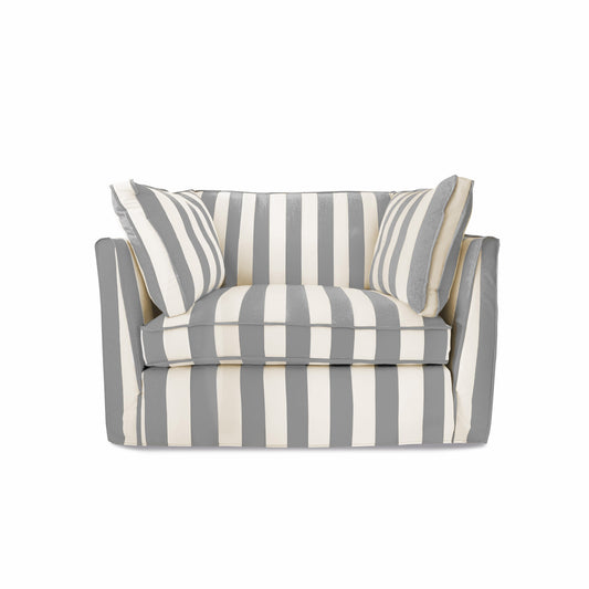 Coco Loveseat with Self Piped Box Edge cushion in Garden Grey Stripes - Made to order