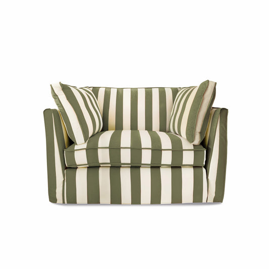 Coco Loveseat with Self Piped Box Edge cushion in Spring Green Stripes - Made to order