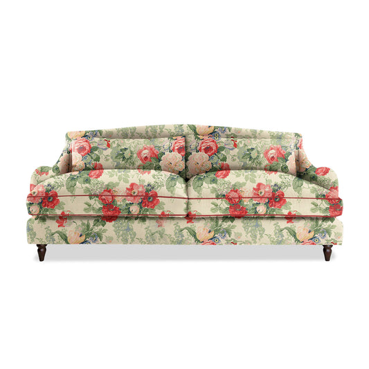 Isobel 4 seater sofa in Natural Linen English Garden Classic Rose with Velvet Trim