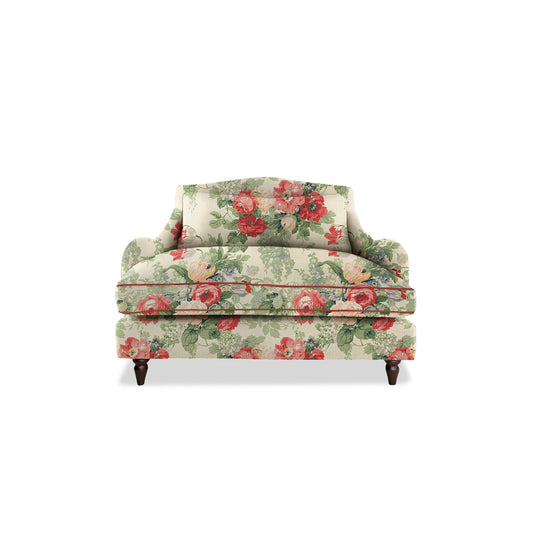 Isobel Loveseat in Natural Linen English Garden Classic Rose with Velvet Trim