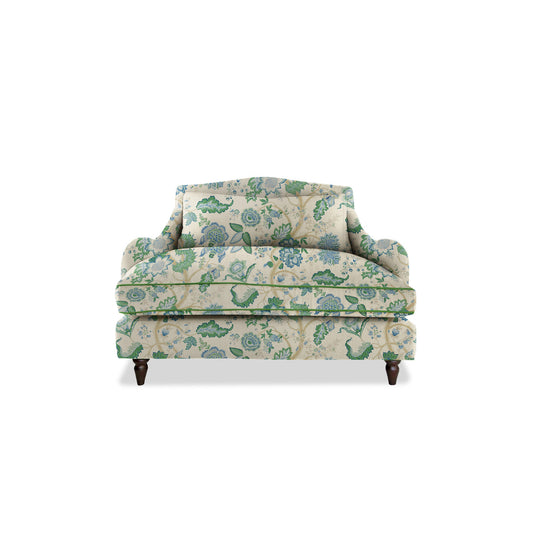 Isobel Loveseat in Natural Linen Kitty Blue Green with Velvet Trim