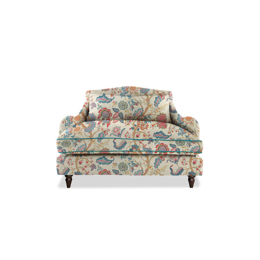 Isobel Loveseat in Natural Linen Kitty Indian Summer with Velvet Trim