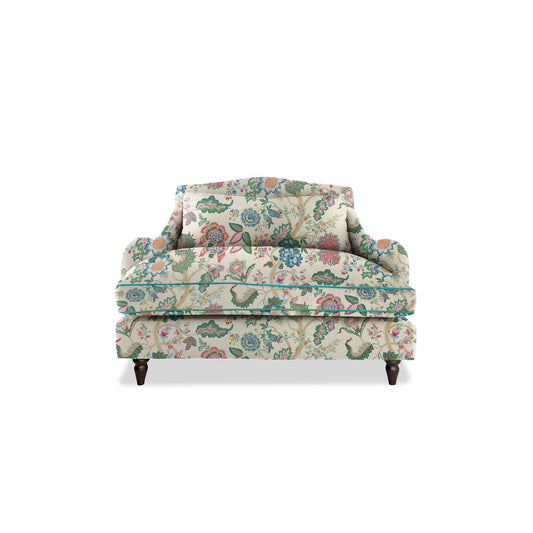 Isobel Loveseat in Natural Linen Kitty Spring Green with Velvet Trim