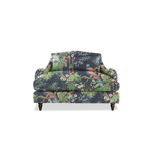 Isobel Loveseat in Natural Linen Belleville Navy with Velvet Trim