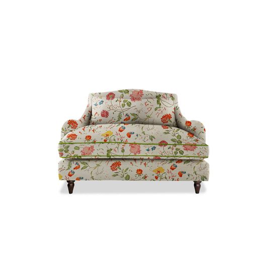 Isobel Loveseat in Natural Linen Wildwood Ivory with Velvet Trim