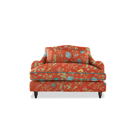 Isobel Loveseat in Natural Linen Wildwood Pumpkin with Velvet Trim