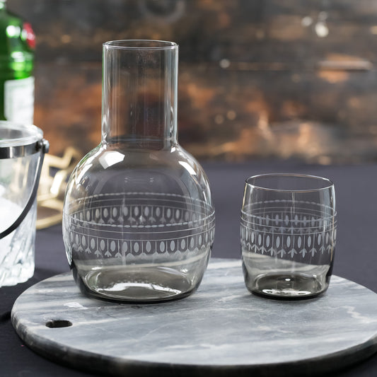 Smoky Carafe Set and Glass with Ovals Design by Vintage List