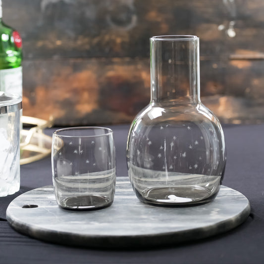 Smoky Carafe Set and Glass with Stars Design by Vintage List