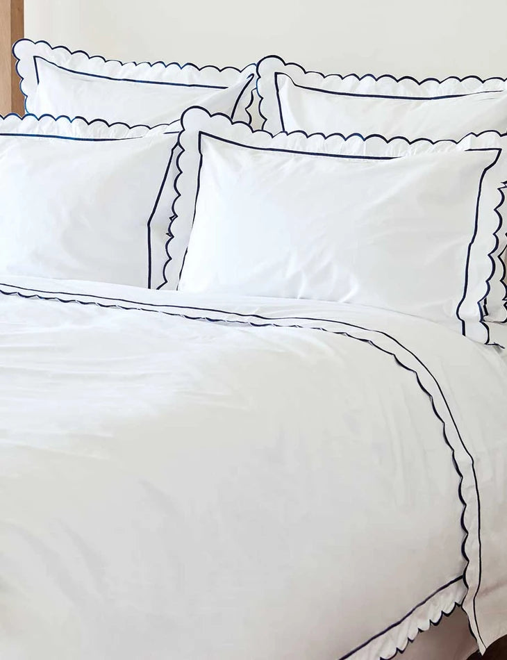 Navy Scalloped King Size Duvet Cover Oxford Pillowcases Set