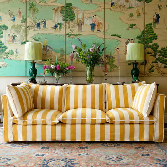 Coco 3 seater sofa with Self Piped Knife Edge cushion in Stripes Dandelion - Available for quick ship