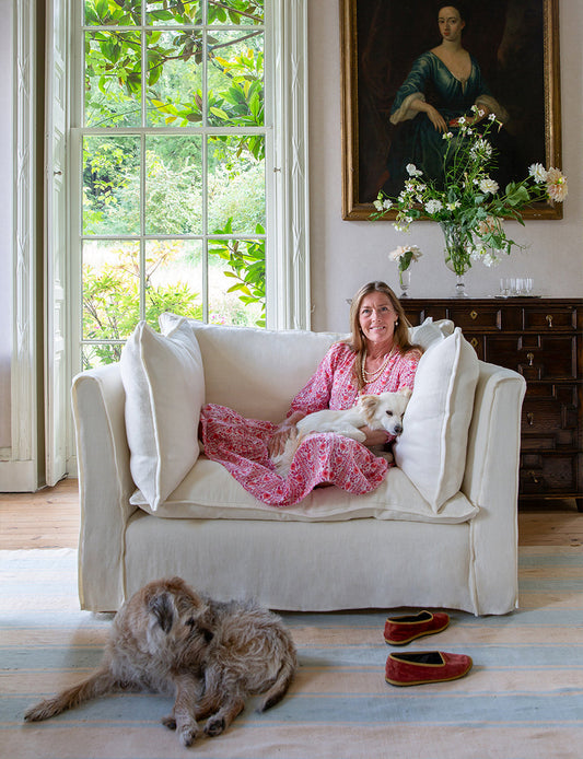 Coco Loveseat with Self Piped Knife Edge cushion in Designers Guild Brera Lino Chalk - Made to order