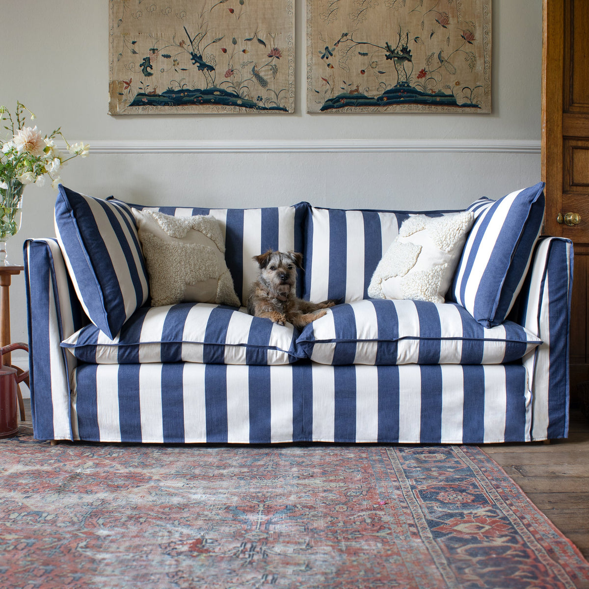 Coco 2.5 seater sofa with Self Piped Knife Edge cushion in Stripes Sea Holly - Made to Order