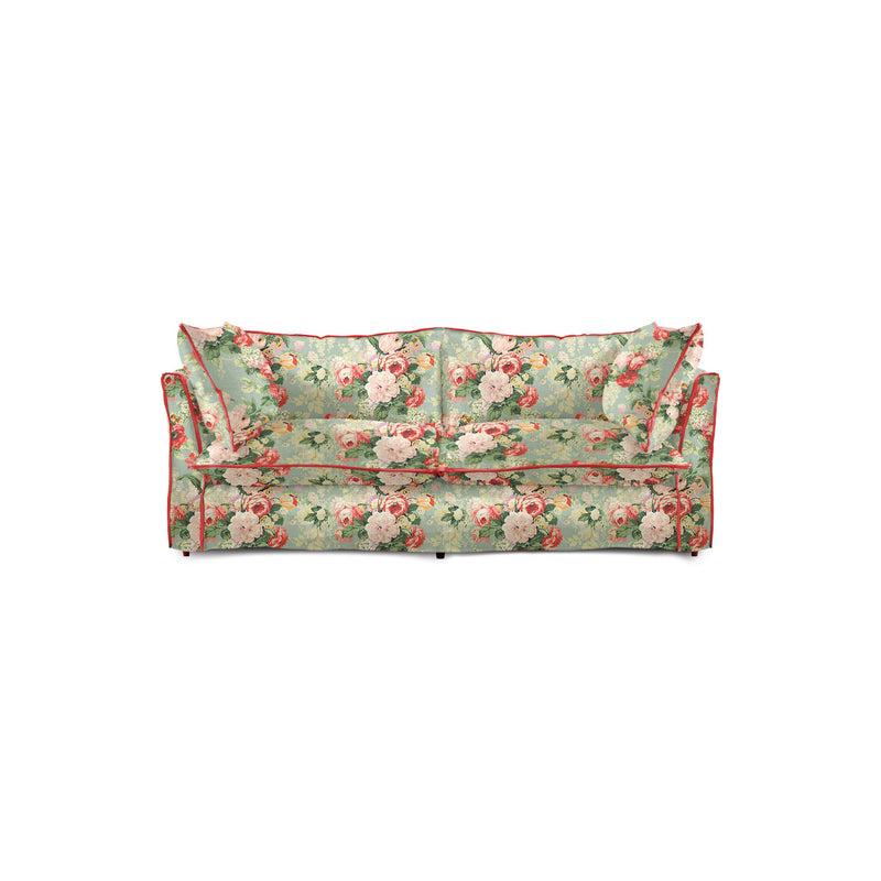 Coco 2.5 seater sofa with Knife Edge cushion in English Garden Grey Skies with Velvet Trim - Made to Order