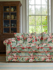 Salthrop Large Sofa with Scatter Cushions in English Garden Grey Skies with Velvet Trim - Made To Order