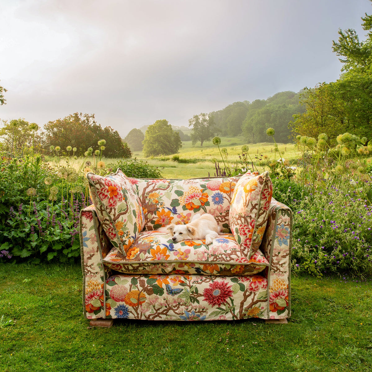 Coco Loveseat with Contrast Piped Knife Edge cushion in GP & J Baker Magnolia Cream Blue - Made to Order