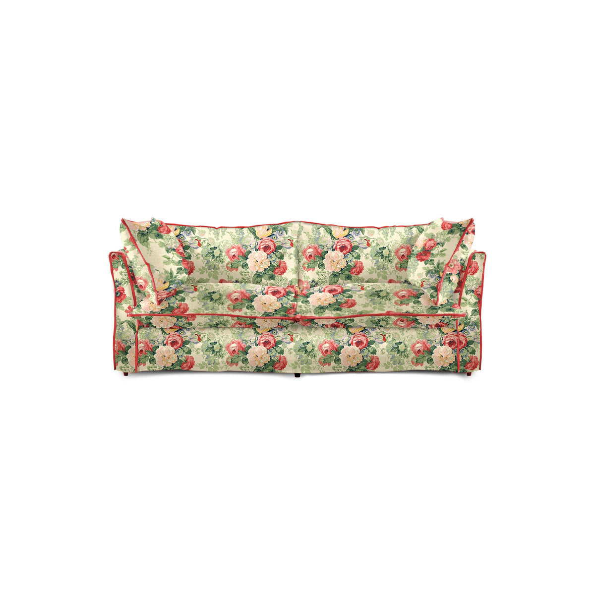 Coco 2.5 seater sofa with Knife Edge cushion in English Garden Classic Rose with Velvet Trim - Made to Order