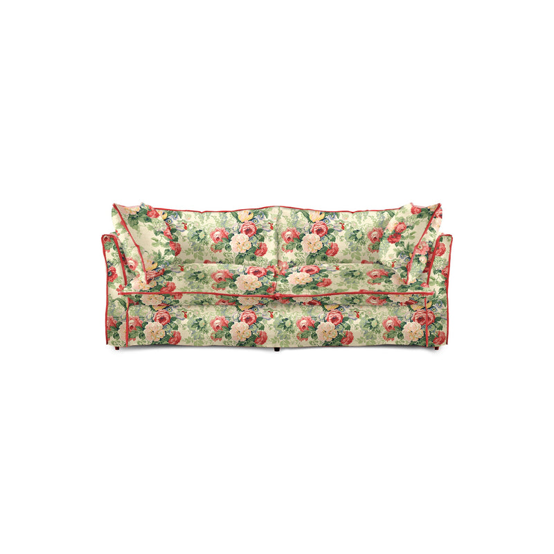 Coco 2.5 seater sofa with Knife Edge cushion in English Garden Classic Rose with Velvet Trim - Made to Order