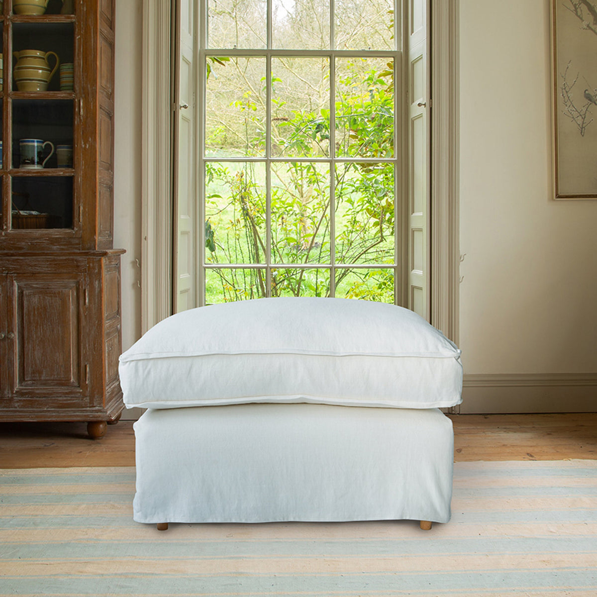 Coco Footstool with Self Piped Box Edge cushion in Cotton Linen Snow Drop - Made to Order