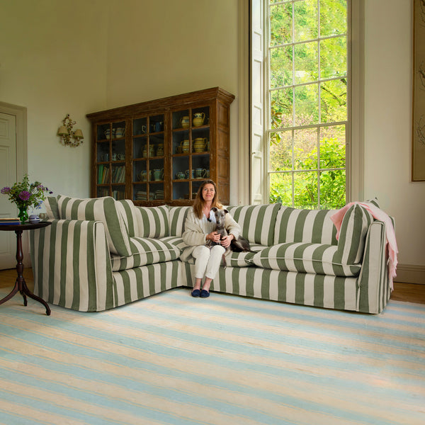 Coco 2 x 3 seater sofa Self Piped Knife Edge cushion in Spring Green Stripe - Made to Order