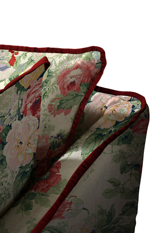 Coco 2.5 seater sofa with Knife Edge cushion in English Garden Classic Rose with Velvet Trim - Made to Order