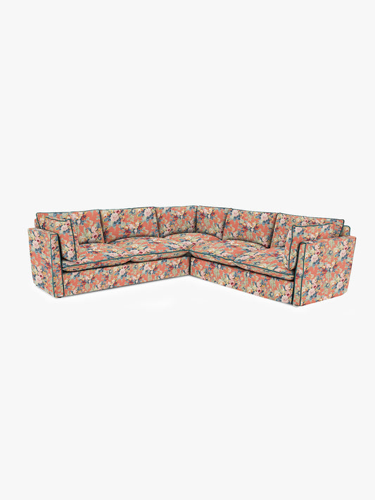 Cocobella 3 x 3 seater sofa in English Garden Coral Orange with Lagoon Velvet Trim