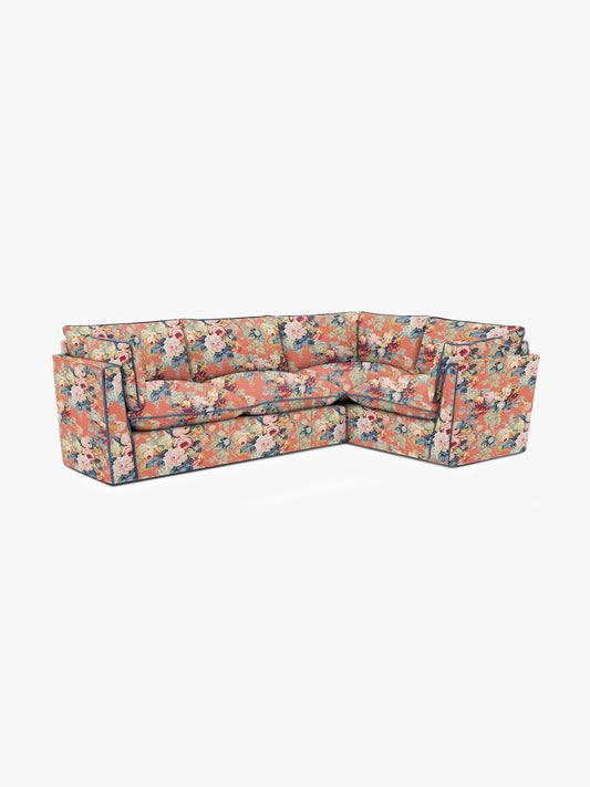 Cocobella LH 3 x 2 seater sofa in English Garden Coral Orange with Lagoon Velvet Trim