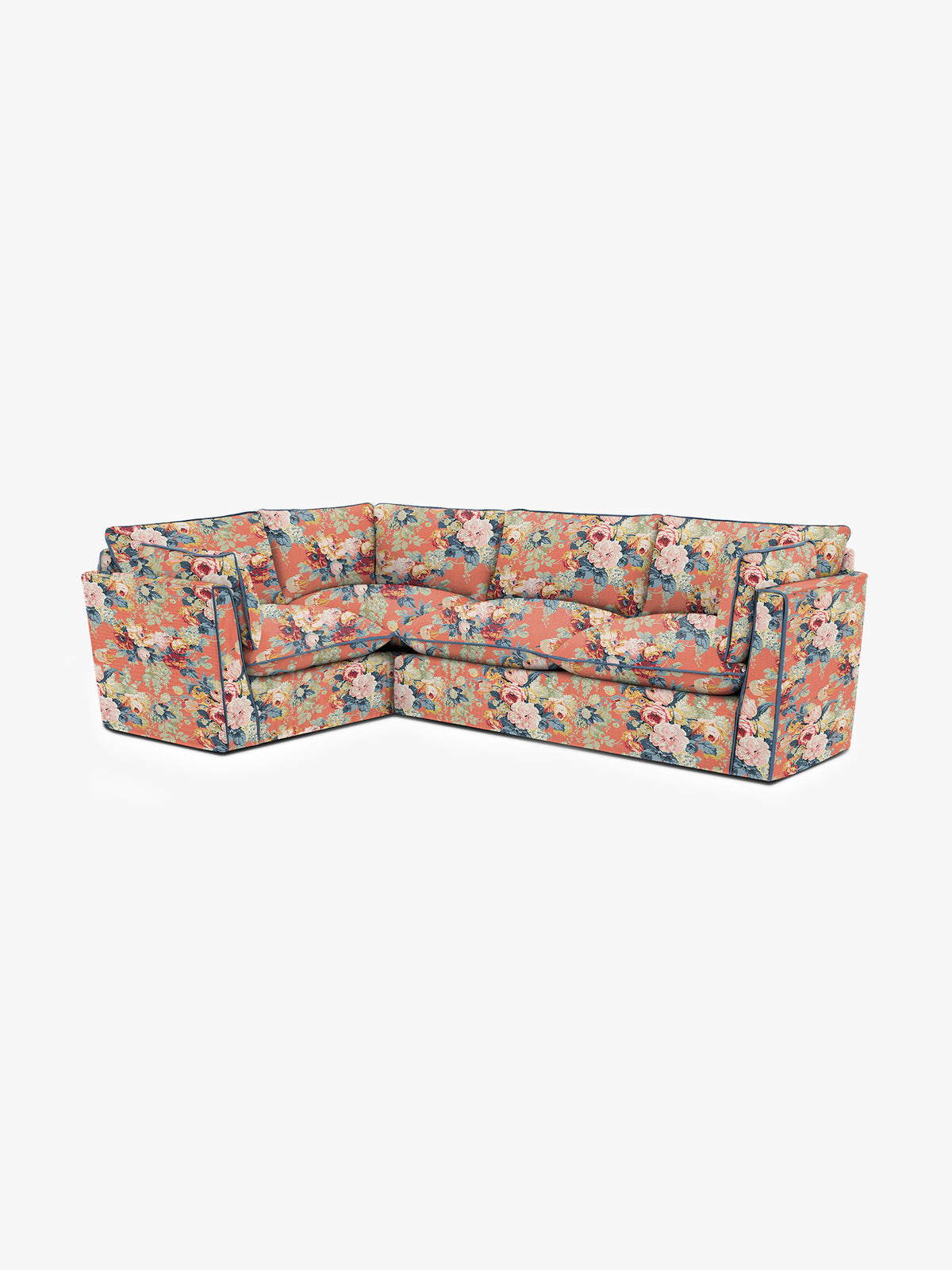Cocobella RH 2 x 3 seater sofa in English Garden Coral Orange with Lagoon Velvet Trim