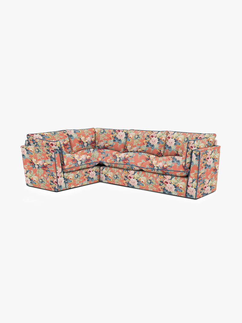 Cocobella RH 2 x 3 seater sofa in English Garden Coral Orange with Lagoon Velvet Trim