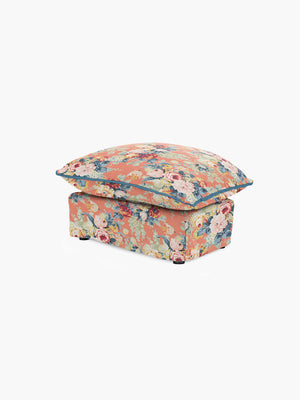 Cocobella Footstool in English Garden Coral Orange with Lagoon Velvet Trim