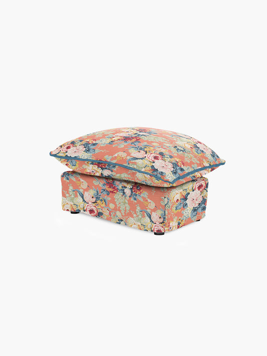 Cocobella Footstool in English Garden Coral Orange with Lagoon Velvet Trim