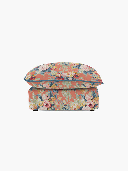Cocobella Footstool in English Garden Coral Orange with Lagoon Velvet Trim