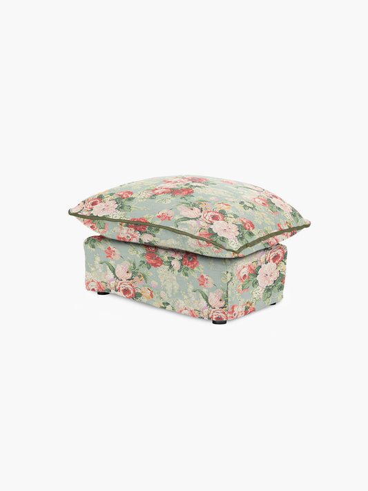 Cocobella Footstool in English Garden Grey Skies with Green Tea Velvet Trim