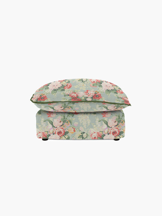 Cocobella Footstool in English Garden Grey Skies with Green Tea Velvet Trim